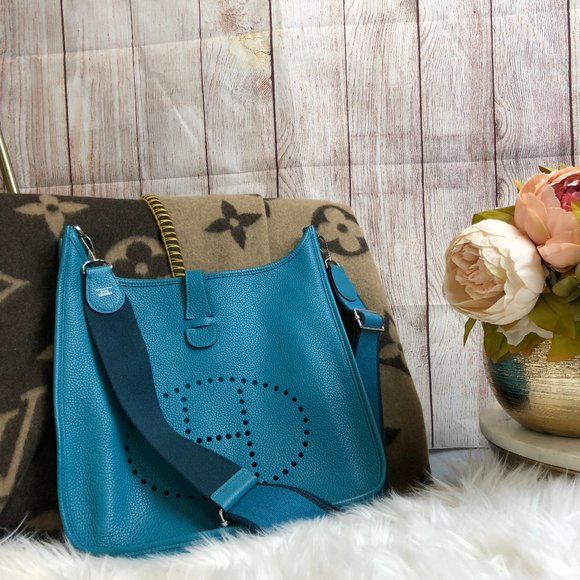Hermes Handbags - Hermes Evelyne III GM Izmir Blue Clemence Bag